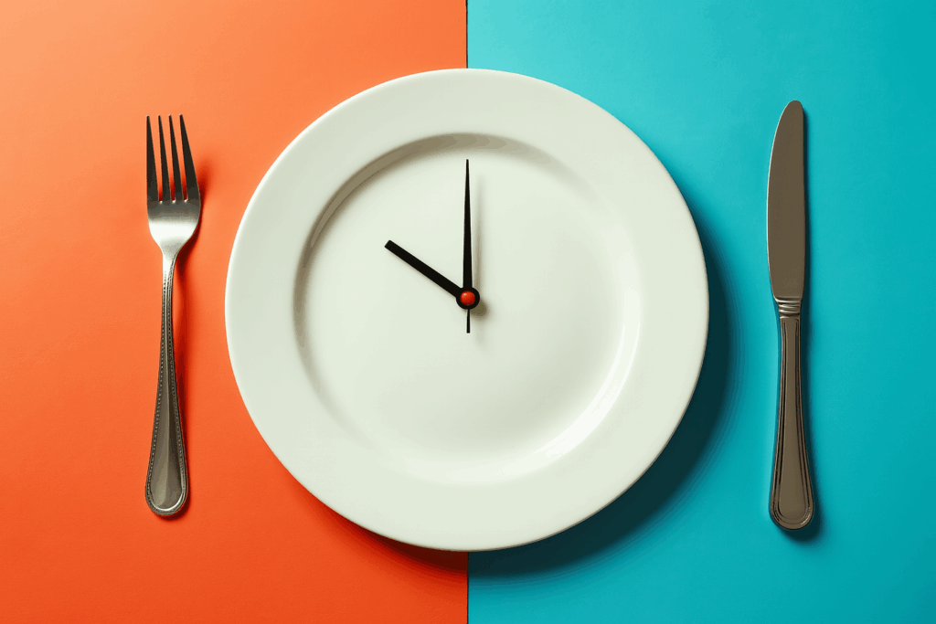 Intervallfasten visualisiert: Uhr auf leerem Teller – Symbolbild für Ernährungspausen und Essrhythmus