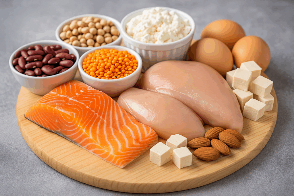 Ausgewogene Eiweißquellen für Frauen ab 45 – Lachs, Huhn, Hülsenfrüchte, Hüttenkäse, Tofu